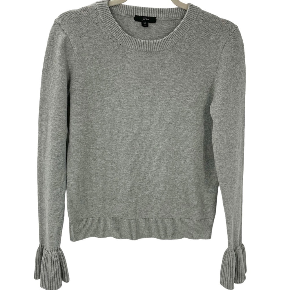J Crew XS Ruffle Cuff Sweater Gray Crewneck 100% Cotton K3805